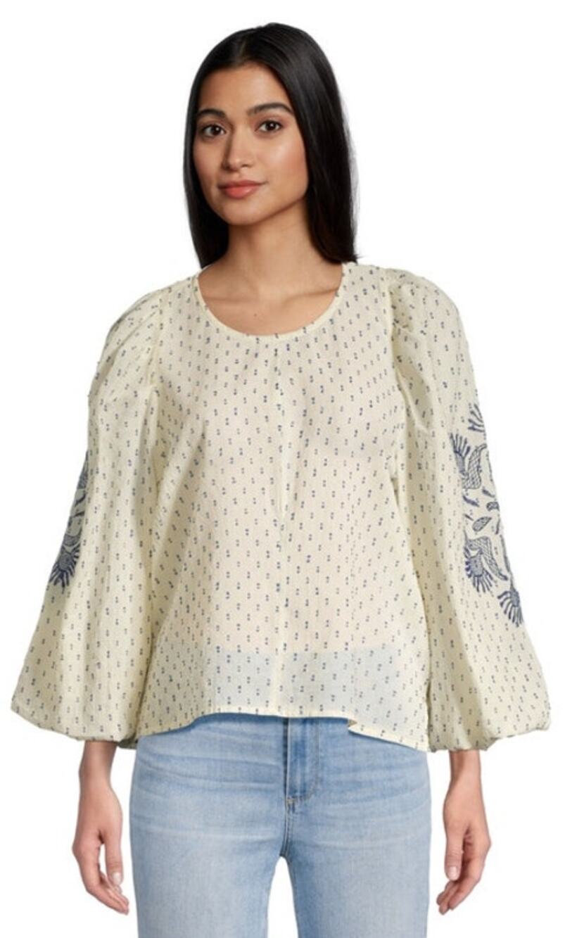 World Market White and Blue Dobby Bell Sleeve Embroidered Blouse Size Large